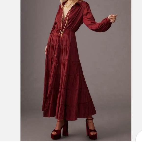 Anthropologie Dresses & Skirts - Anthropologie Satin Tiered Button Front Adjustable Maxi Dress Size Small